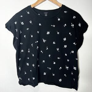 Ann Taylor Boxy Shirt Top Short Sleeve Black Embroidered all over Floral Women L